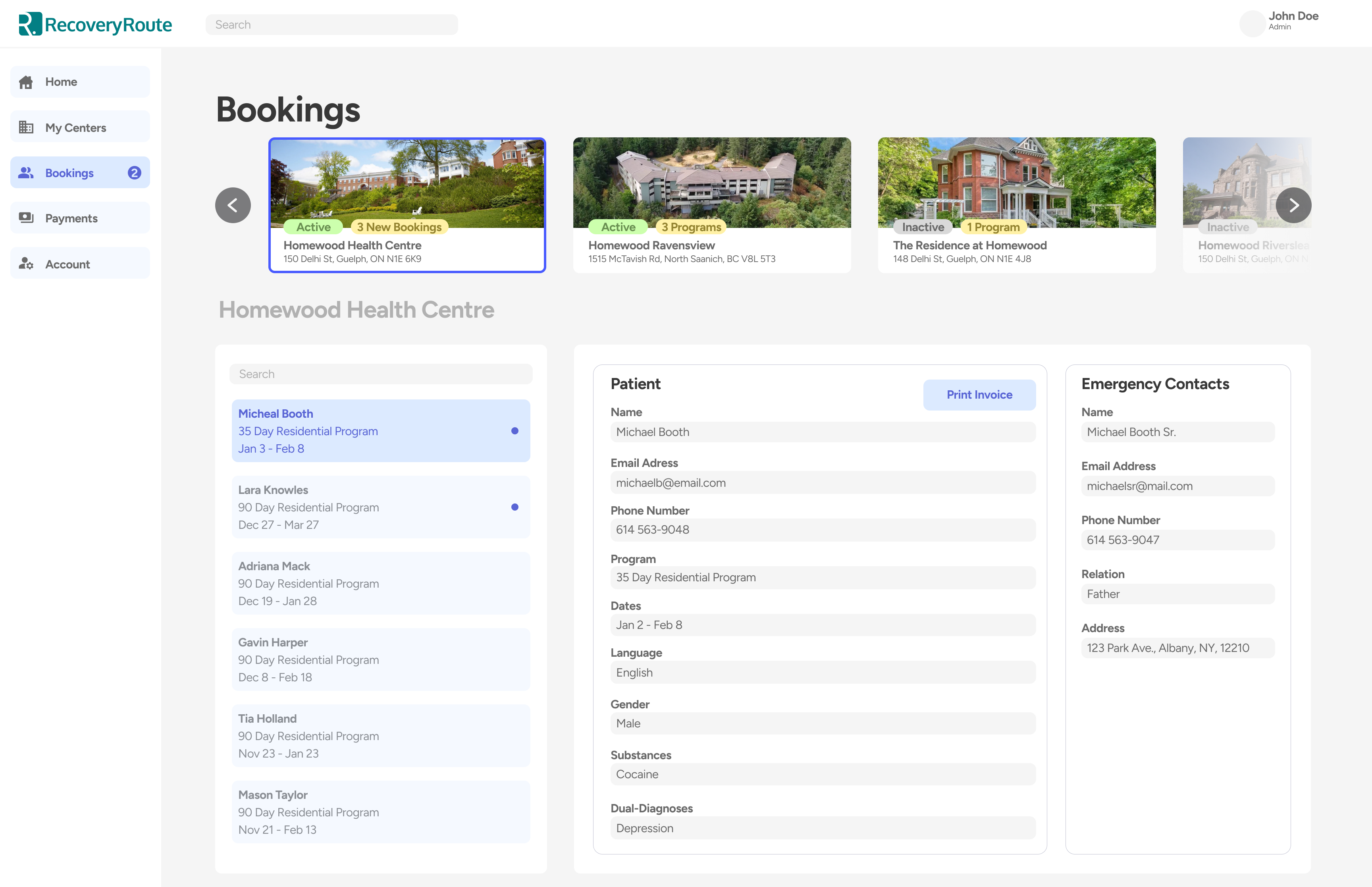 Bookings wireframe