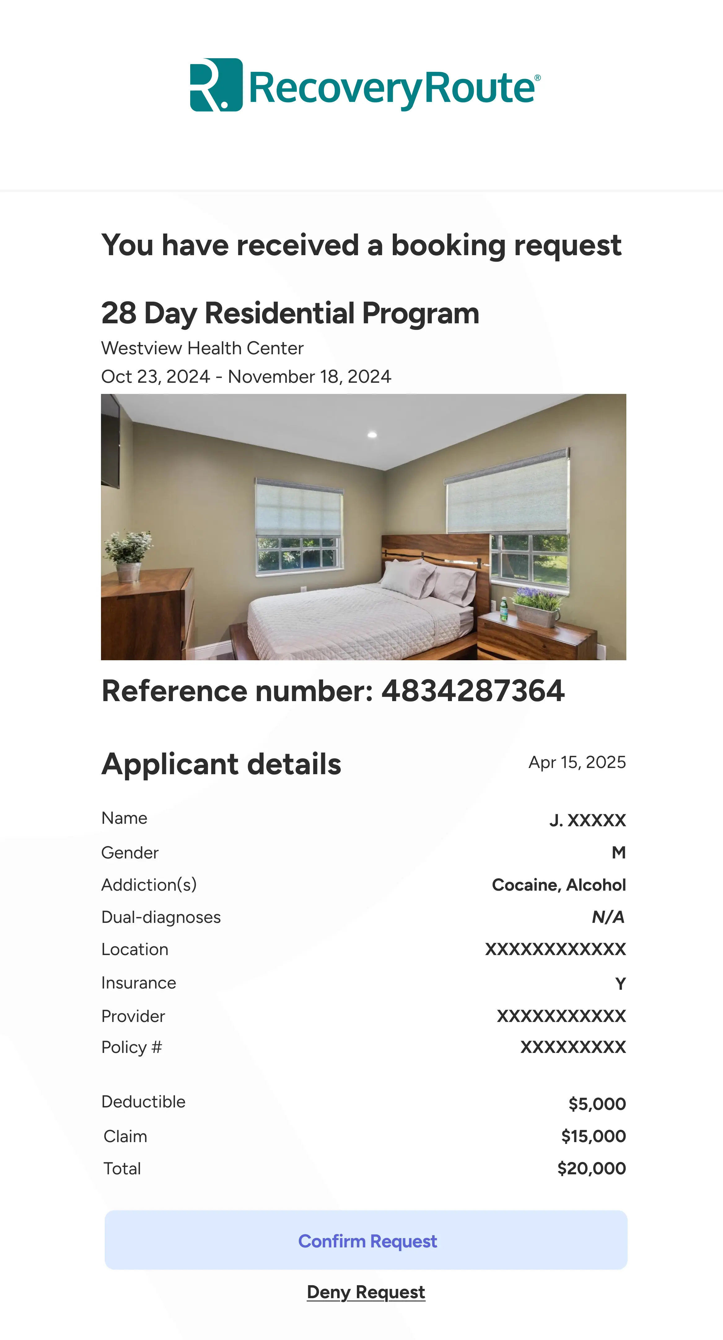 An example of a booking request confirmation from RecoveryRoute.