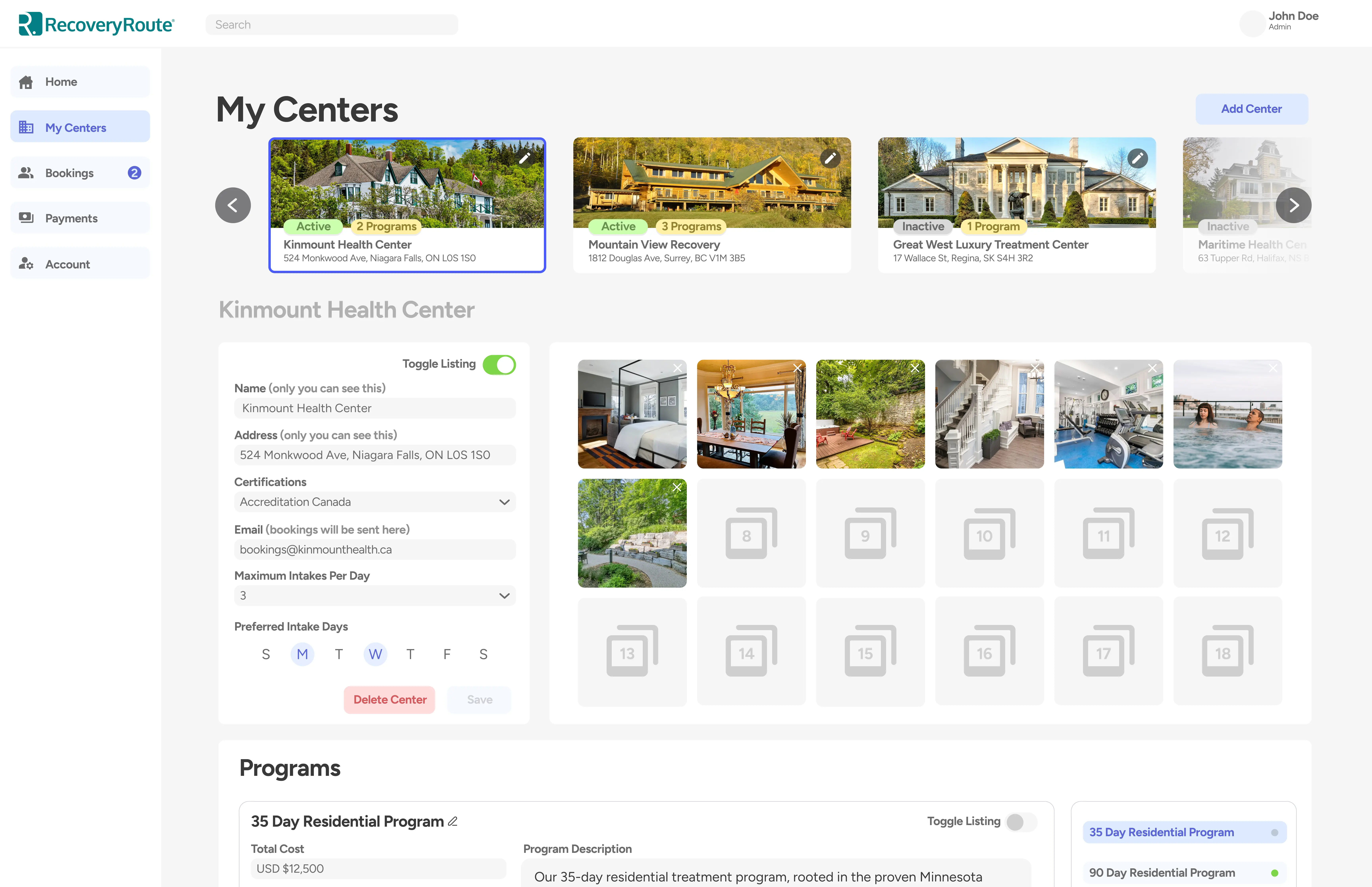 My Centers wireframe