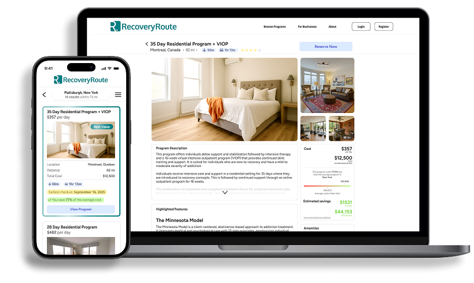 RecoveryRoute application interface shown on a MacBook and an iPhone.