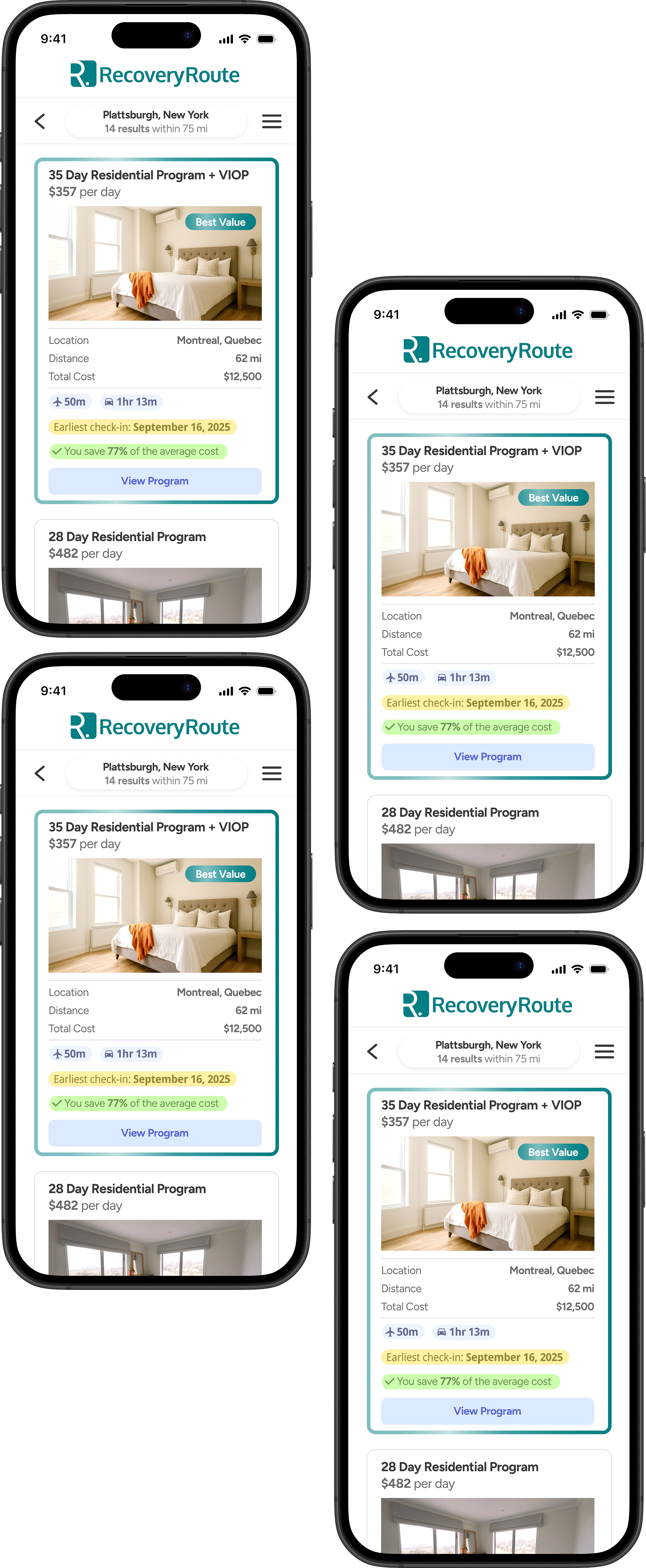 Multiple phones showing RecoveryRoute app