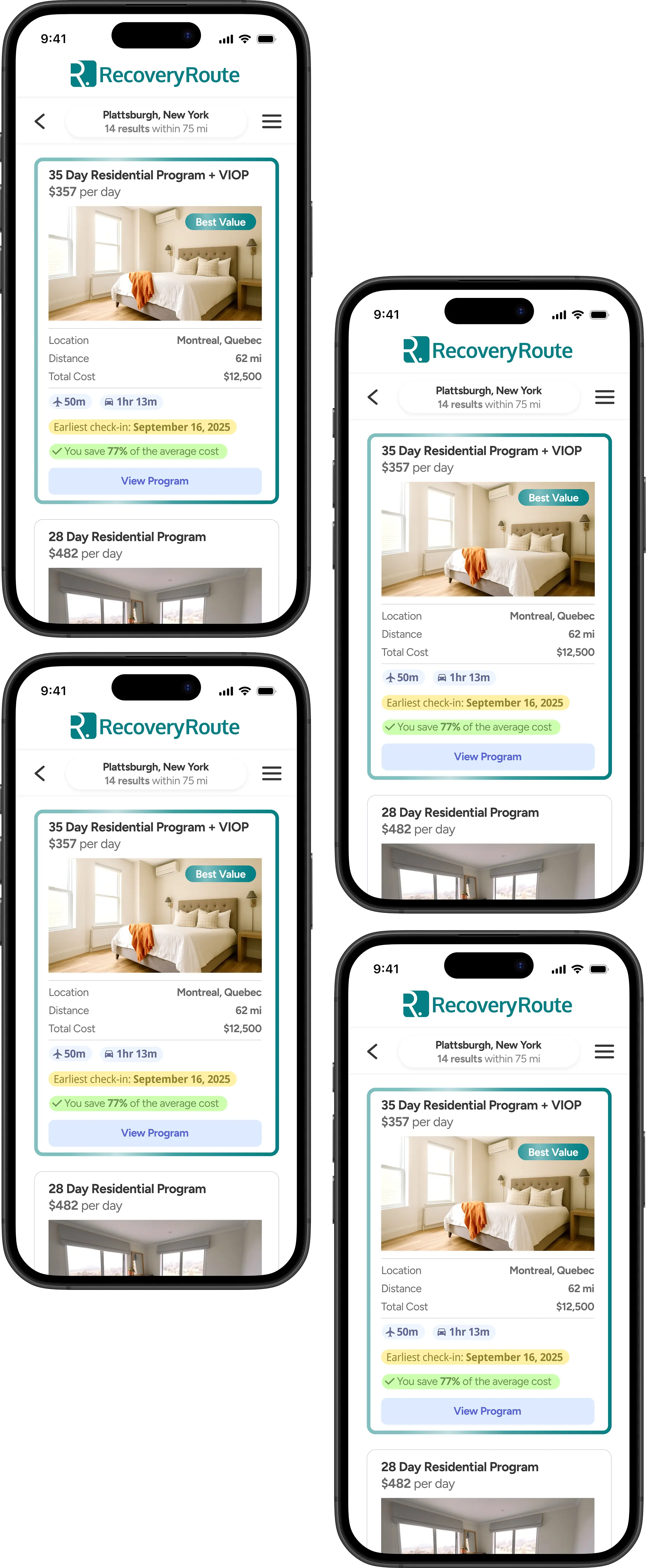 Multiple phones showing RecoveryRoute app